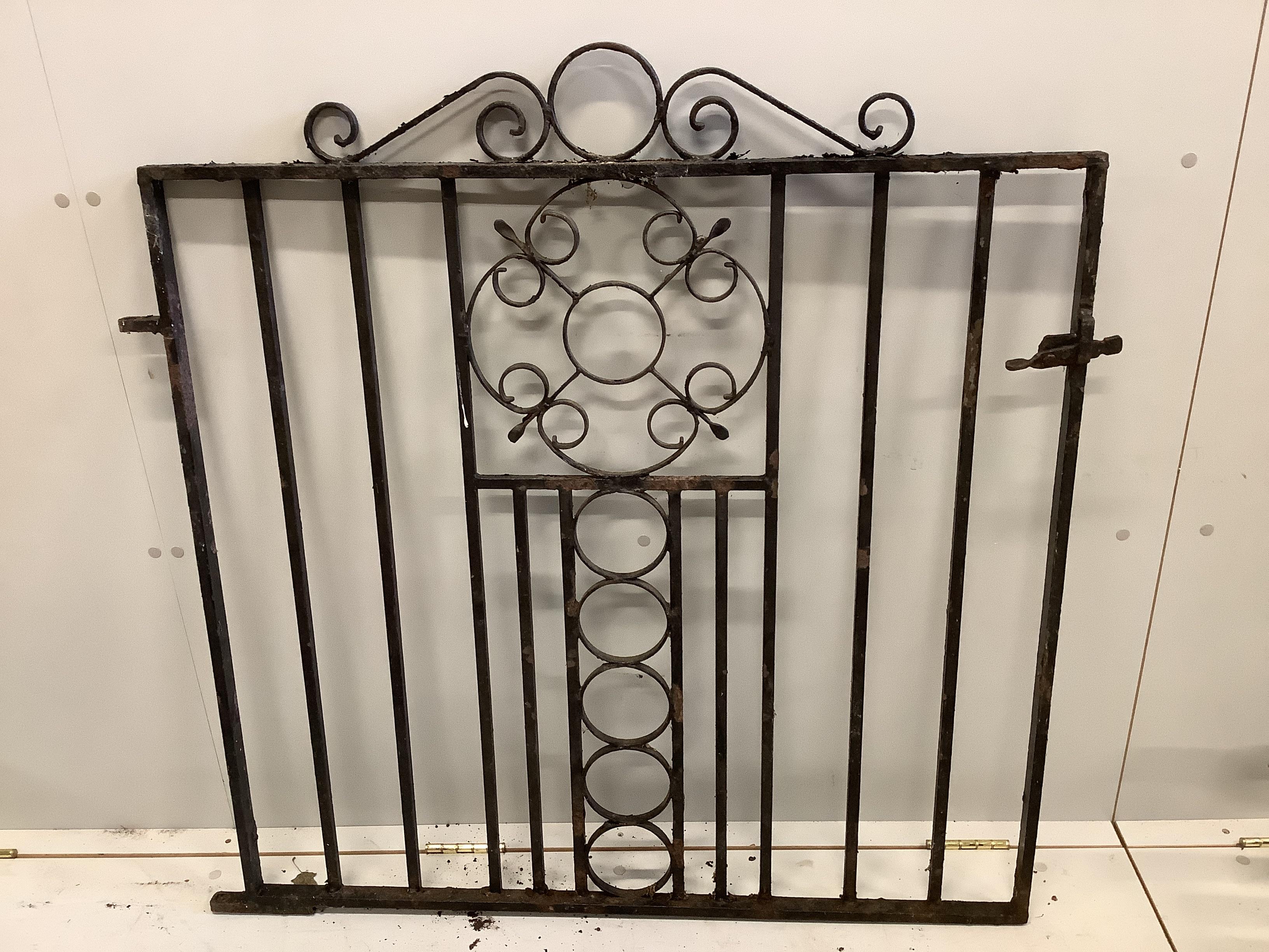 A painted wrought iron garden gate, width 98cm, height 104cm